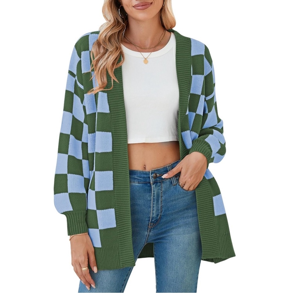 Star Blvd - Oversized Checkerboard Cardigan in Green + Blue